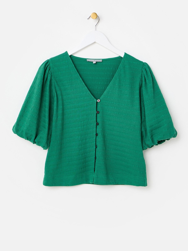 Oliver Bonas Green Textured Button Up Puff Sleeve Top - Image 1 of 5 Oliver Bonas Green Textured Button Up Puff Sleeve Top - Image 1 of 5