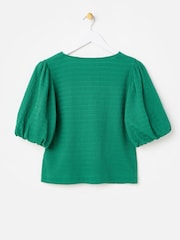 Oliver Bonas Green Textured Button Up Puff Sleeve Top - Image 2 of 5