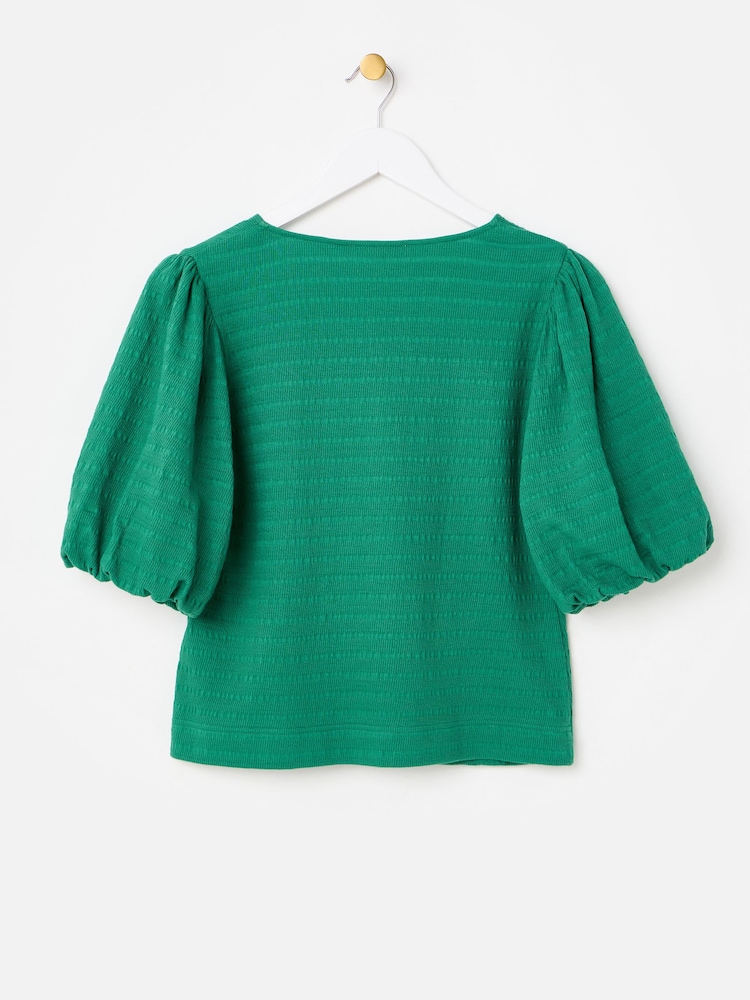 Oliver Bonas Green Textured Button Up Puff Sleeve Top - Image 2 of 5 Oliver Bonas Green Textured Button Up Puff Sleeve Top - Image 2 of 5