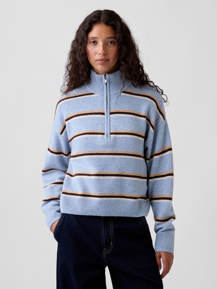 Blue & Brown Stripe - Gap CashSoft Oversized Half-Zip Pullover Jumper - Bild 1 von 4 Blue & Brown Stripe - Gap CashSoft Oversized Half-Zip Pullover Jumper - Bild 1 von 4