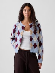 Gap Blue & Burgundy Red Argyle CashSoft Crop Cardigan - Image 1 of 5