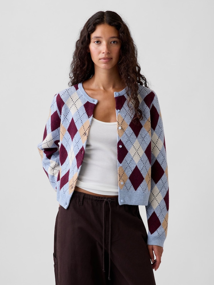 Gap Blue & Burgundy Red Argyle CashSoft Crop Cardigan - Image 1 of 5 Gap Blue & Burgundy Red Argyle CashSoft Crop Cardigan - Image 1 of 5