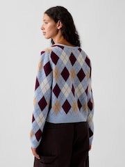 Gap Blue & Burgundy Red Argyle CashSoft Crop Cardigan - Image 2 of 5