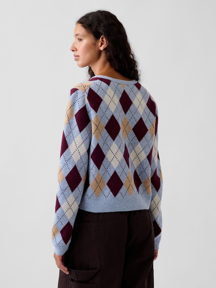Gap Blue & Burgundy Red Argyle CashSoft Crop Cardigan - Image 2 of 5 Gap Blue & Burgundy Red Argyle CashSoft Crop Cardigan - Image 2 of 5