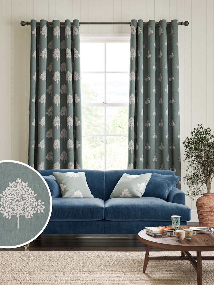 William Morris At Home Blue Marigold Tree Embroidery Made to Measure 100% Cotton Curtains - Image 1 of 9