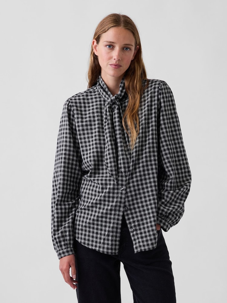 Gap Black/White Check Tie-Neck Shirt - Image 1 of 4 Gap Black/White Check Tie-Neck Shirt - Image 1 of 4