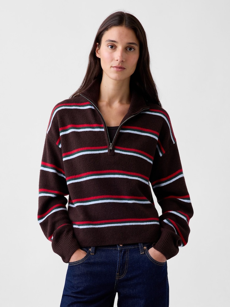 Brown & Red Stripe - Gap CashSoft Oversized Half-Zip Pullover Jumper - Bild 1 von 4 Brown & Red Stripe - Gap CashSoft Oversized Half-Zip Pullover Jumper - Bild 1 von 4