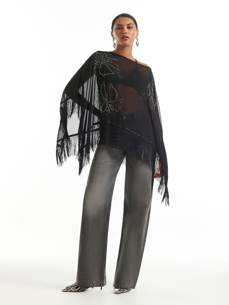 River Island Black Beaded Tassel Cape Poncho - Image 1 of 4 River Island Black Beaded Tassel Cape Poncho - Image 1 of 4