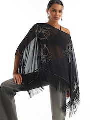 River Island Black Beaded Tassel Cape Poncho - Image 2 of 4