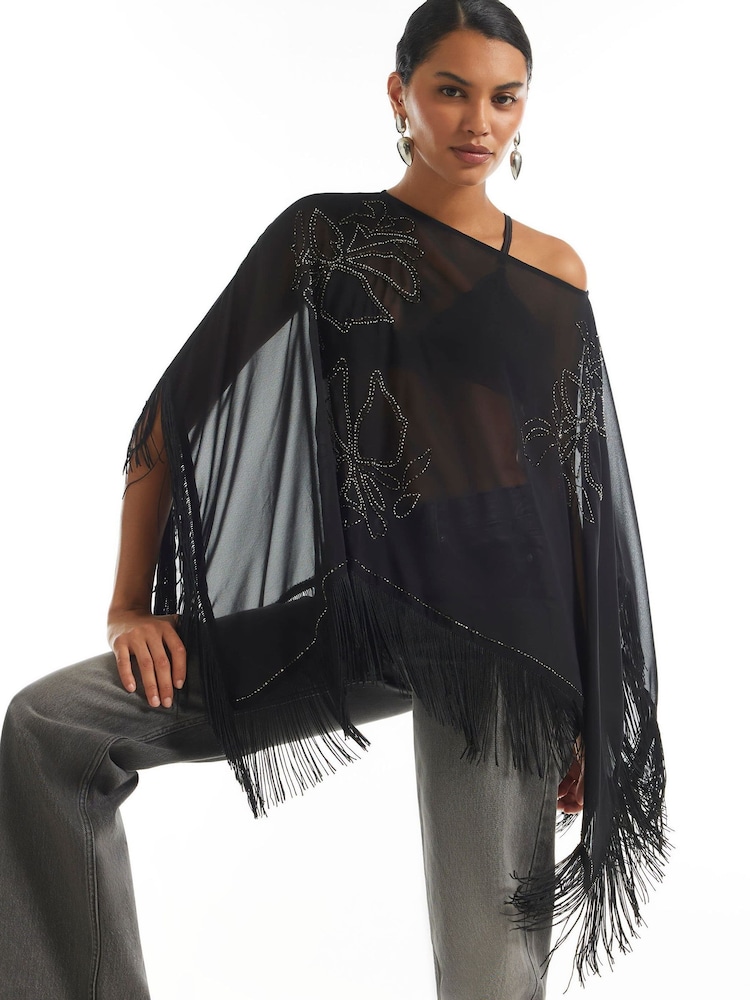 River Island Black Beaded Tassel Cape Poncho - Image 2 of 4 River Island Black Beaded Tassel Cape Poncho - Image 2 of 4