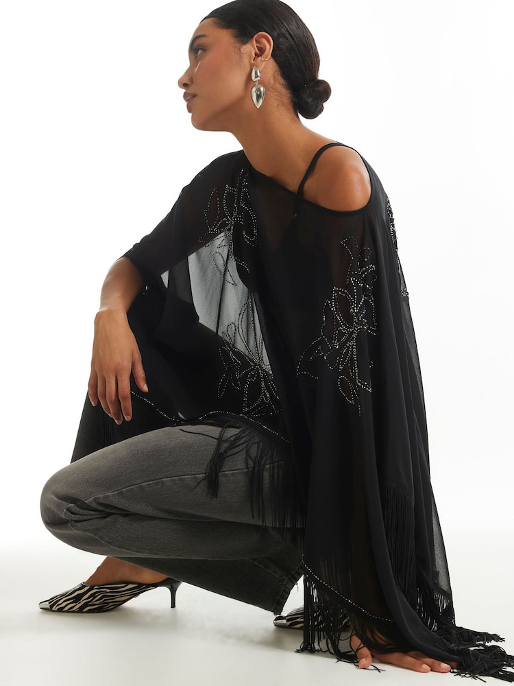 River Island Black Beaded Tassel Cape Poncho - Image 4 of 4 River Island Black Beaded Tassel Cape Poncho - Image 4 of 4