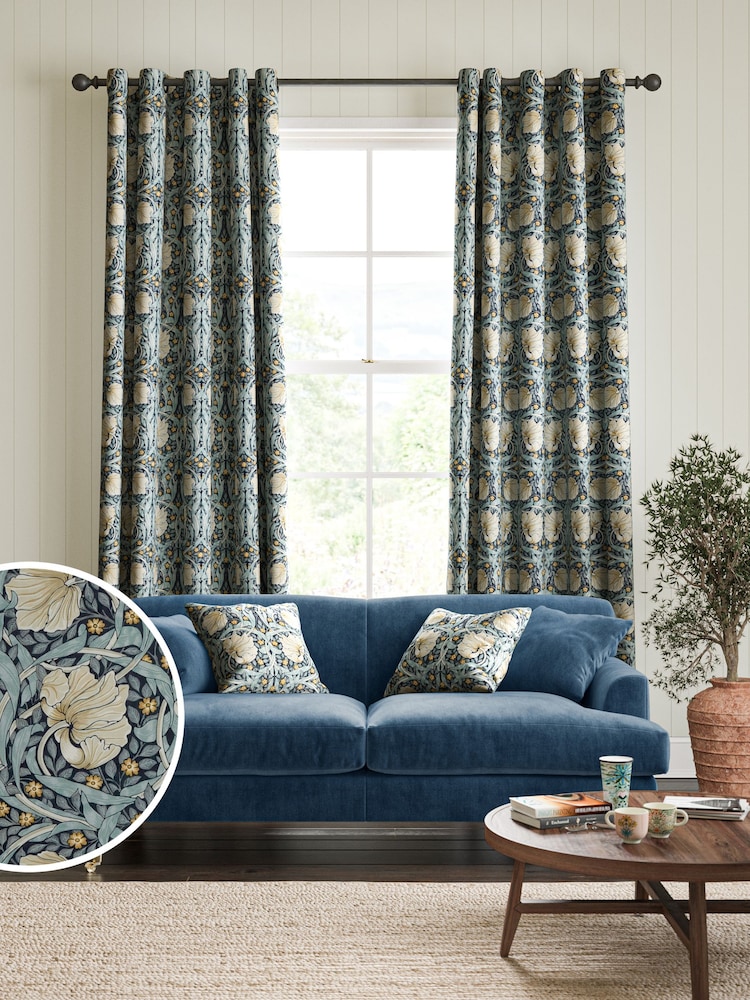 William Morris At Home Indigo Blue Pimpernel Velvet Made to Measure Curtains - Image 1 of 9
