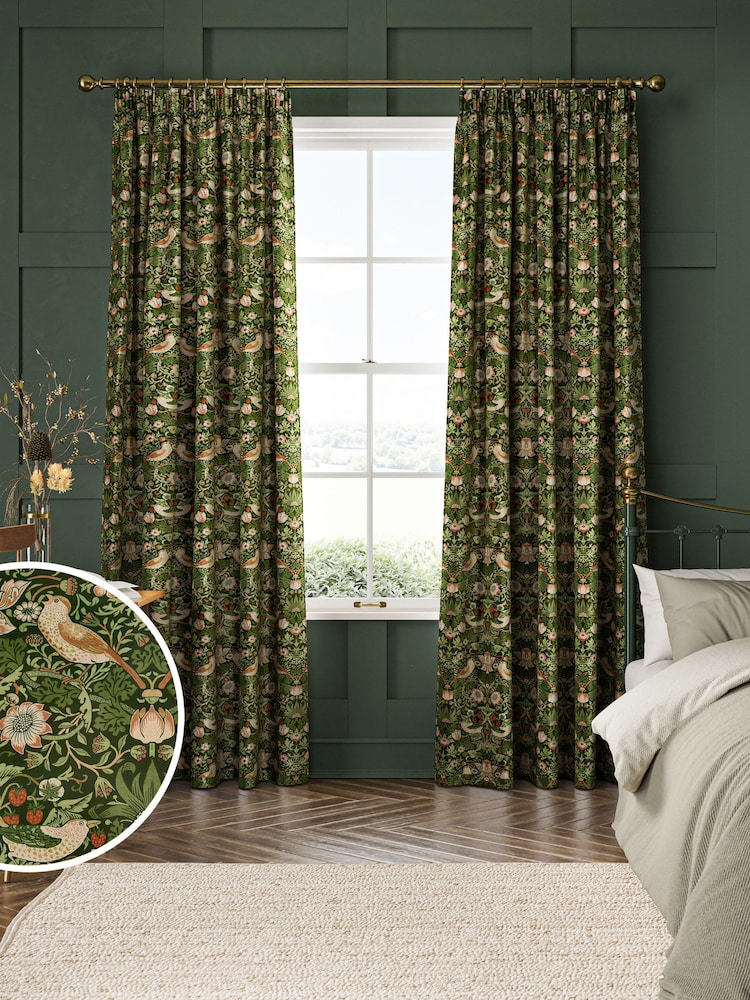 William Morris At Home Green Strawberry Thief Velvet Made to Measure Curtains - Image 1 of 9