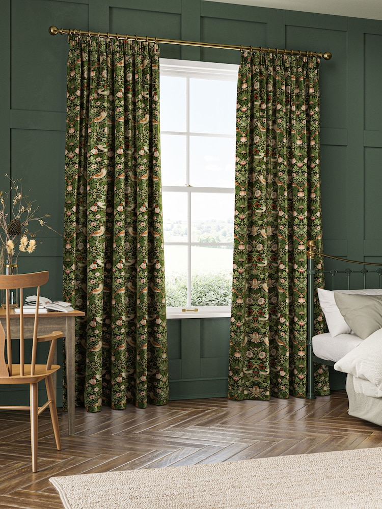 William Morris At Home Green Strawberry Thief Velvet Made to Measure Curtains - Image 2 of 9