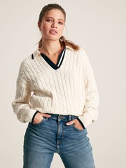 Joules Vanessa Cream/Navy Cable Knit Cricket Jumper - Image 1 of 6