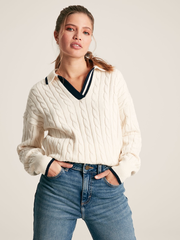 Joules Vanessa Cream/Navy Cable Knit Cricket Jumper - Image 1 of 6
