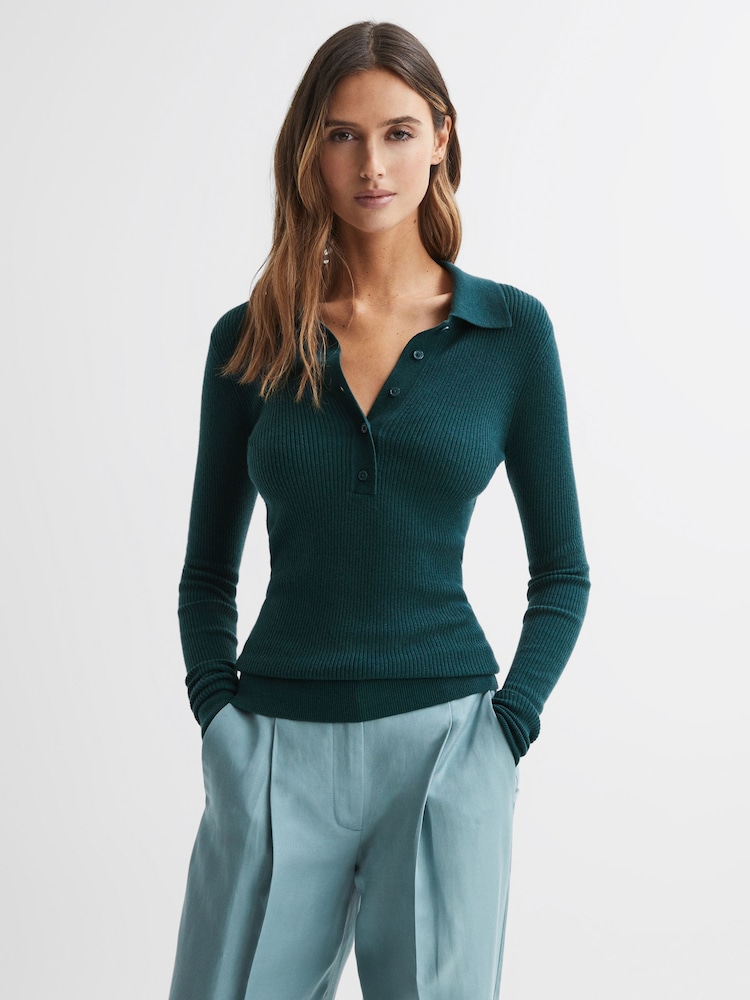 Reiss Green Sienna Ribbed Space Wool Polo Shirt - Image 1 of 5