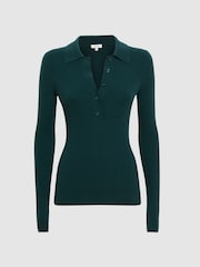 Reiss Green Sienna Ribbed Space Wool Polo Shirt - Image 2 of 5