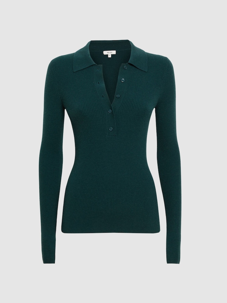 Reiss Green Sienna Ribbed Space Wool Polo Shirt - Image 2 of 5