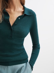 Reiss Green Sienna Ribbed Space Wool Polo Shirt - Image 5 of 5