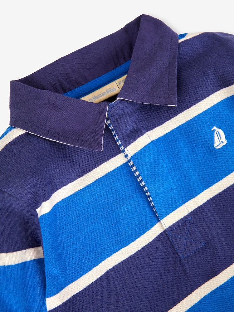 JoJo Maman Bébé Blue Boys' Stripe Rugby Top - Image 2 of 3