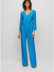 BOSS Blue Edacria Pleated V Neck Long Sleeve Jumpsuit - Image 1 of 5