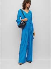 BOSS Blue Edacria Pleated V Neck Long Sleeve Jumpsuit - Image 2 of 5