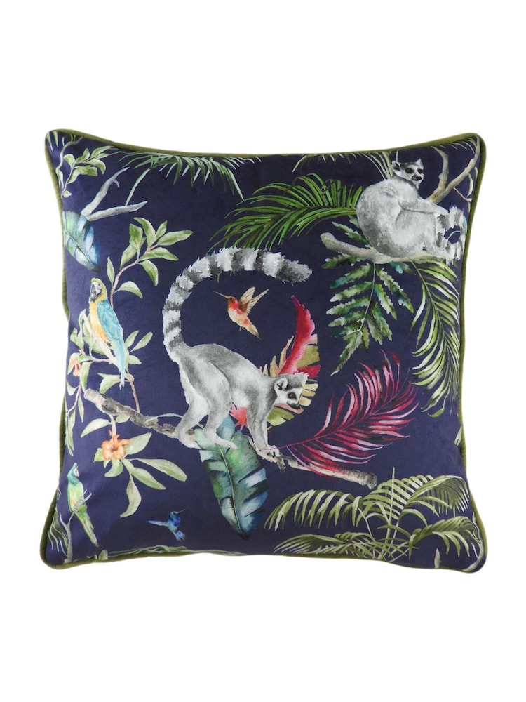 Evans Lichfield Blue Jungle Lemur Velvet Polyester Filled Cushion - Image 1 of 2 Evans Lichfield Blue Jungle Lemur Velvet Polyester Filled Cushion - Image 1 of 2