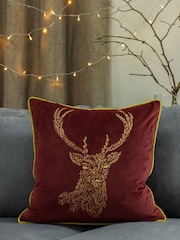 furn. Burgundy Red/Gold Forest Fauna Embroidered Polyester Filled Cushion - Image 1 of 6