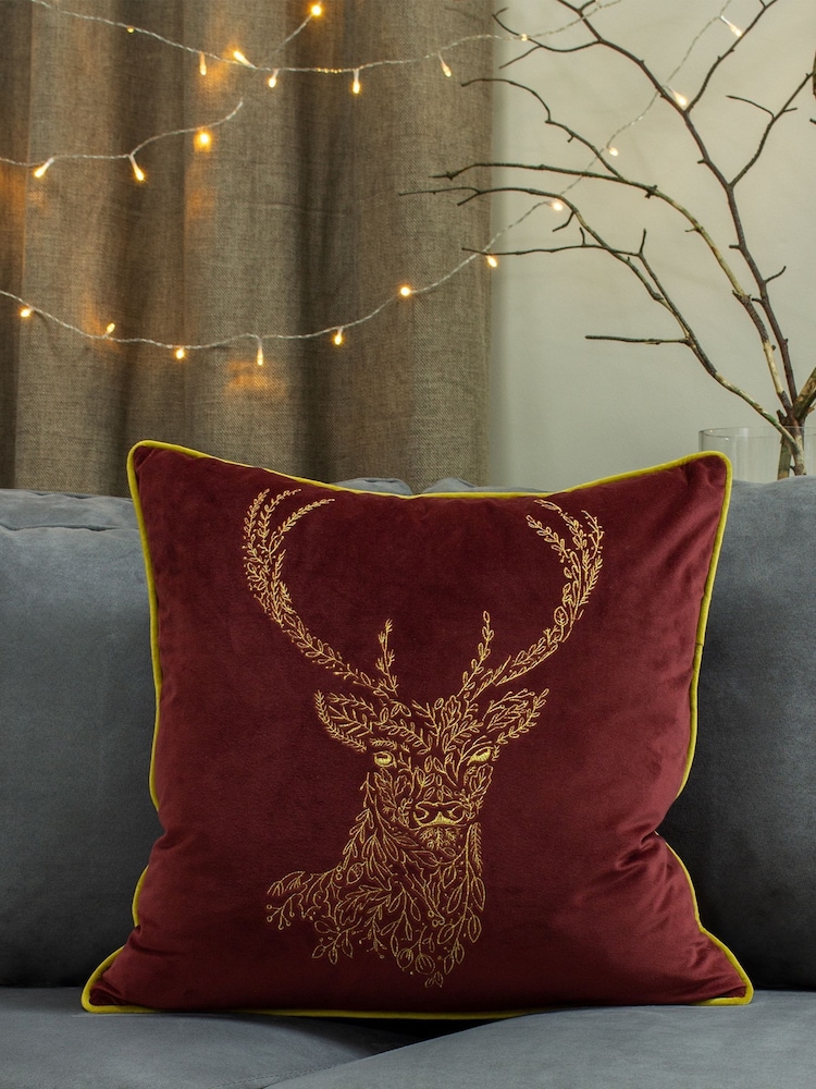 furn. Burgundy Red/Gold Forest Fauna Embroidered Polyester Filled Cushion - Image 1 of 6