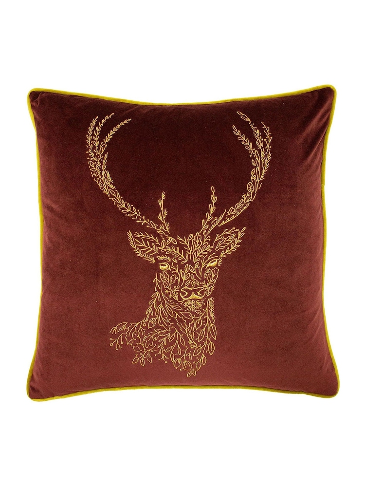 furn. Burgundy Red/Gold Forest Fauna Embroidered Polyester Filled Cushion - Image 2 of 6