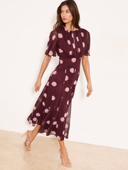 Lipsy Burgundy Red Petite Spot Short Flutter Sleeve Midi Dress - Image 1 of 4