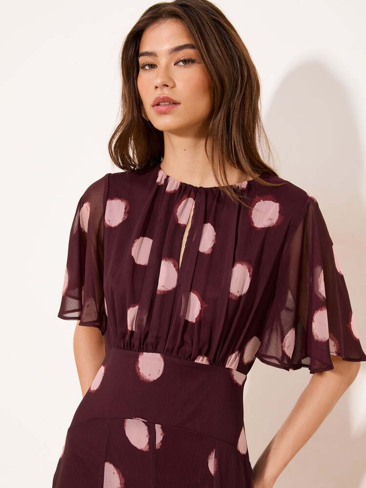 Lipsy Burgundy Red Petite Spot Short Flutter Sleeve Midi Dress - Image 2 of 4