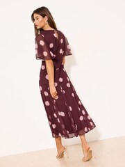 Lipsy Burgundy Red Petite Spot Short Flutter Sleeve Midi Dress - Image 4 of 4