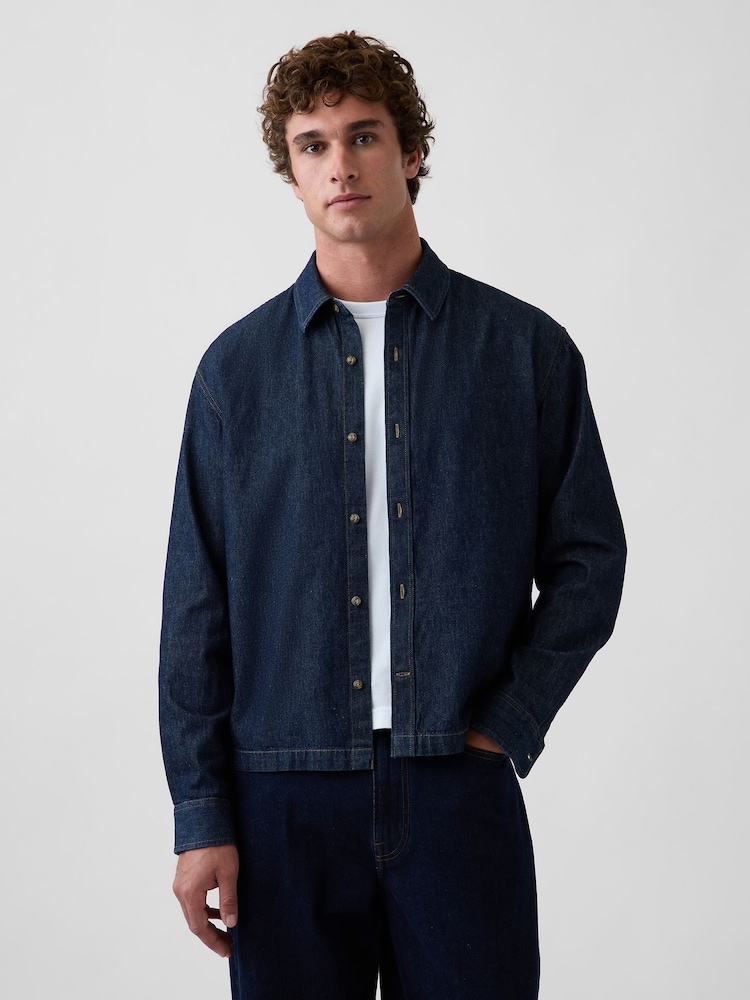 Gap Dark Wash Denim Relaxed Straight-Hem Shirt - Image 1 of 4 Gap Dark Wash Denim Relaxed Straight-Hem Shirt - Image 1 of 4