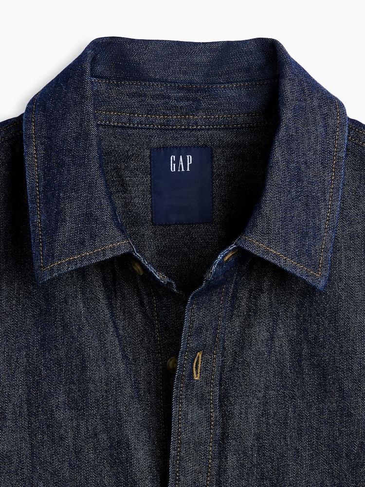 Gap Dark Wash Denim Relaxed Straight-Hem Shirt - Image 4 of 4 Gap Dark Wash Denim Relaxed Straight-Hem Shirt - Image 4 of 4