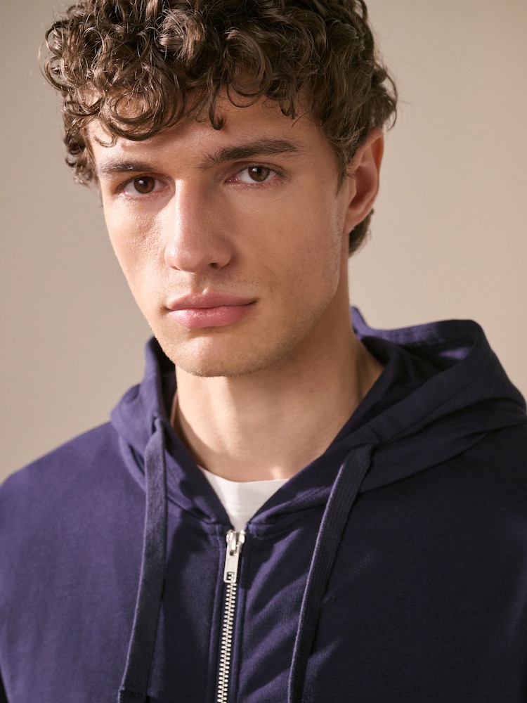 Navy Blue 100% Cotton Lightweight Zip Up Hoodie - Image 4 of 7