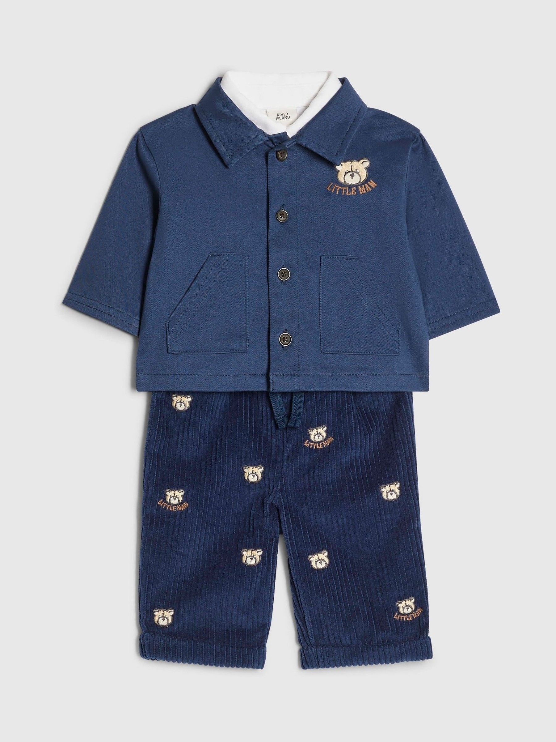 River Island Blue Bear Shacket Polo & Trousers 3 Pack Set view 1