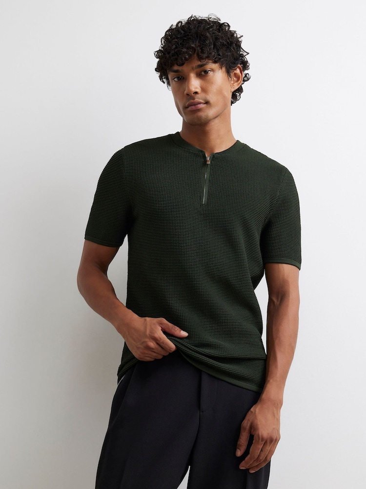 River Island Green Muscle Fit Textured Henley Polo Shirt - Image 1 of 4 River Island Green Muscle Fit Textured Henley Polo Shirt - Image 1 of 4