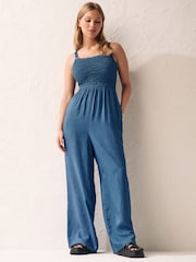 Denim Blue Shirred Wide Leg Jumpsuit - Image 1 of 6