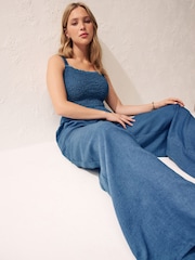 Denim Blue Shirred Wide Leg Jumpsuit - Image 2 of 6
