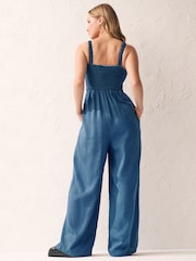 Denim Blue Shirred Wide Leg Jumpsuit - Image 3 of 6