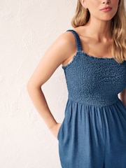Denim Blue Shirred Wide Leg Jumpsuit - Image 4 of 6