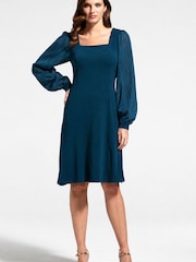 Hot Squash Blue Square Neck Jersey Dress with Chiffon - Image 1 of 3