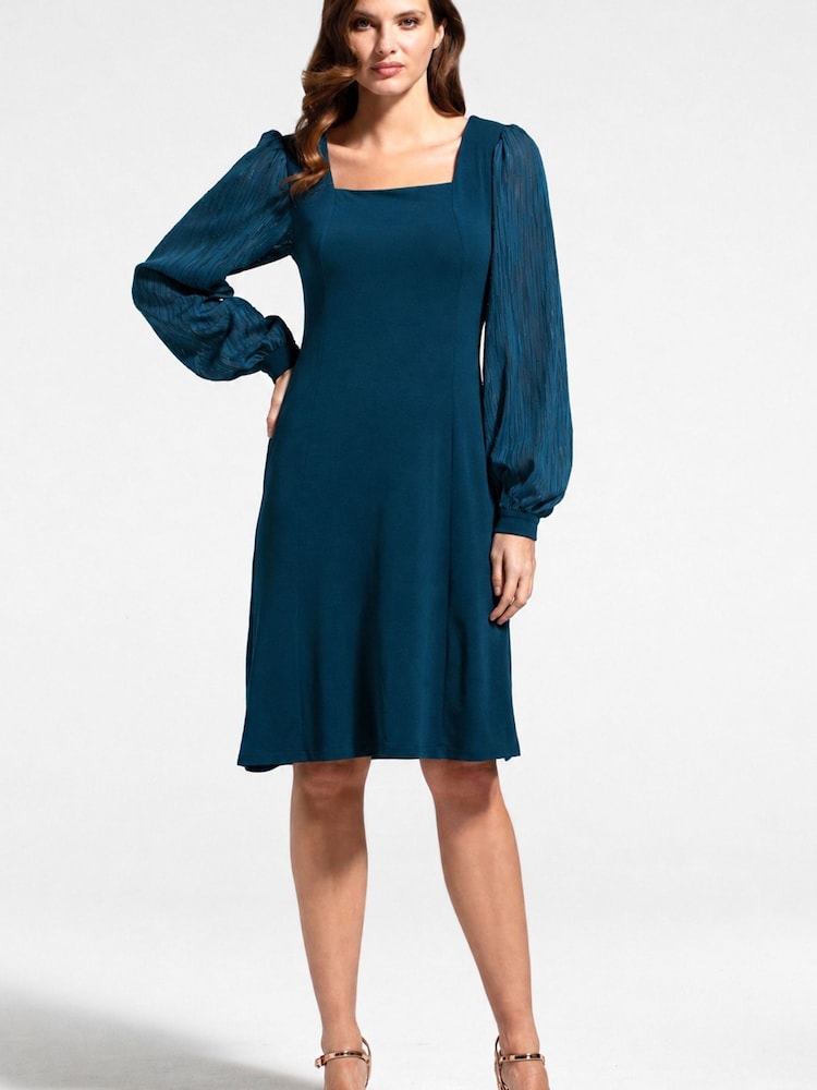 Hot Squash Blue Square Neck Jersey Dress with Chiffon - Image 1 of 3 Hot Squash Blue Square Neck Jersey Dress with Chiffon - Image 1 of 3