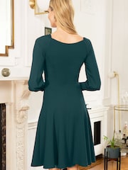 Hot Squash Green Fit N Flare Dress with Blouson Sleeves - Image 2 of 4