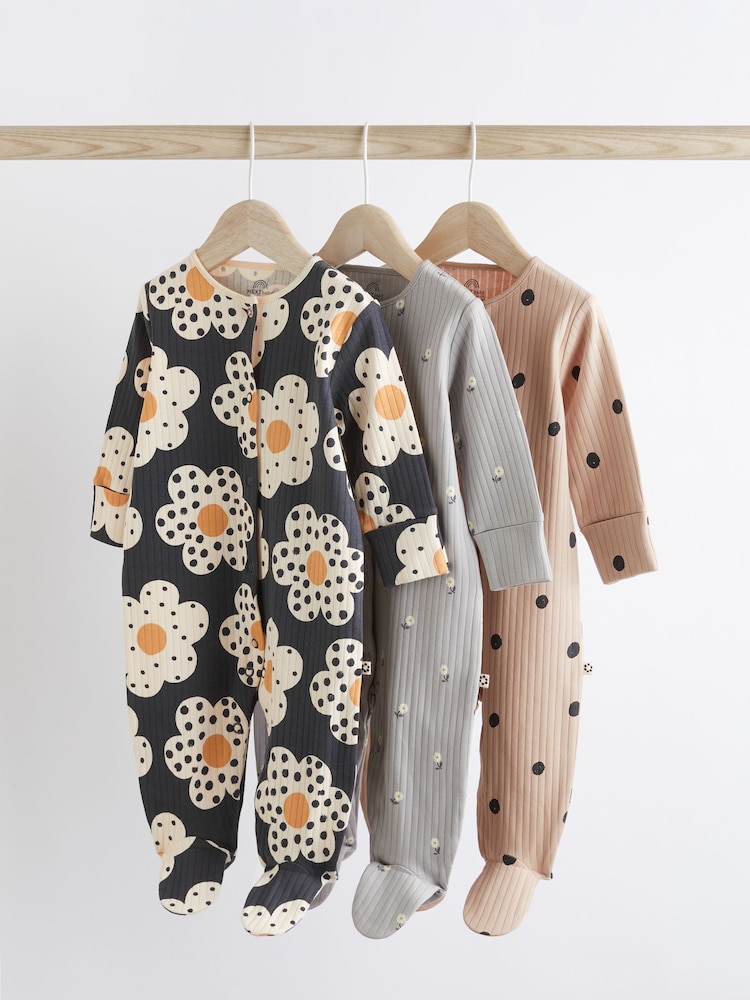 Neutral/Grey/Black Printed Baby Sleepsuits 3 Pack (0-3yrs) - Image 1 of 9