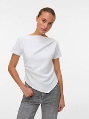 VERO MODA White Short Sleeve Cinched Waist Boat Neck Top - Image 1 of 5