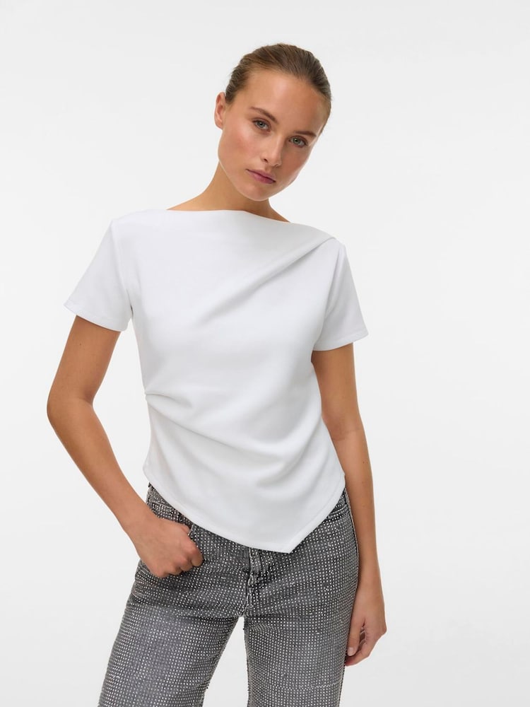 VERO MODA White Short Sleeve Cinched Waist Boat Neck Top - Image 1 of 5 VERO MODA White Short Sleeve Cinched Waist Boat Neck Top - Image 1 of 5
