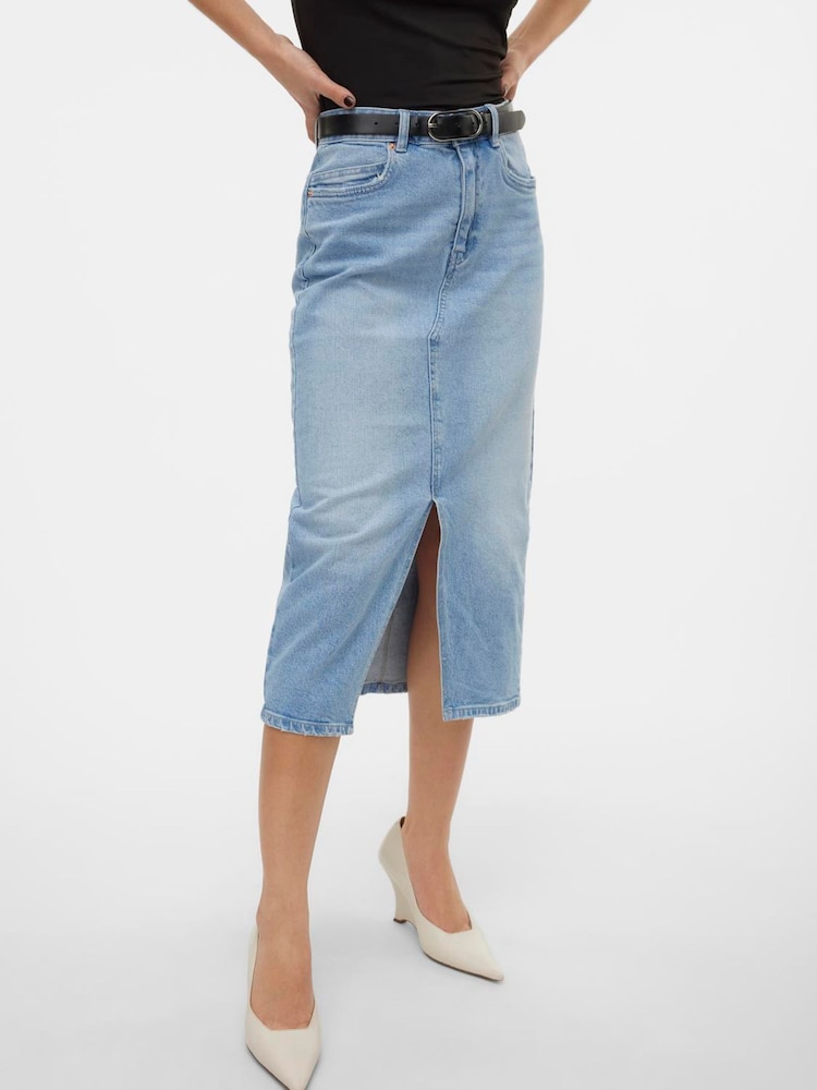 VERO MODA Blue High Waisted Denim Midi Skirt - Image 1 of 6